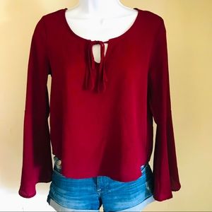 Long sleeved burgundy front tie shirt